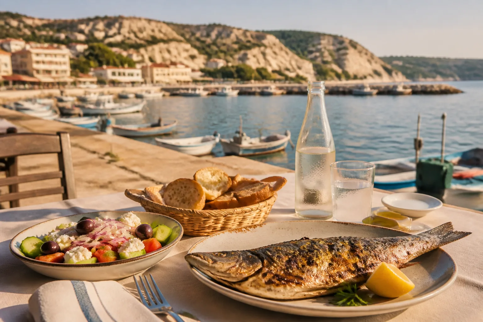 Fischgericht an der Hafenpromenade von Balchik